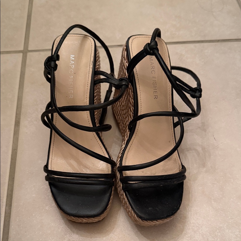 Marc Fisher Black and Tan Wedge Sandals